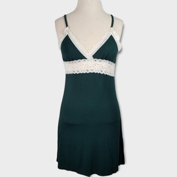 Green & Cream Lace Trim Slip Chemise | Size Medium - Picture 1 of 6